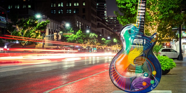 Austin, USA - November 5, 2016: Vibrancy by Craig Hein is one of the Guitar town Austin art project Guitars on Congress Avenue in Austin, Texas.