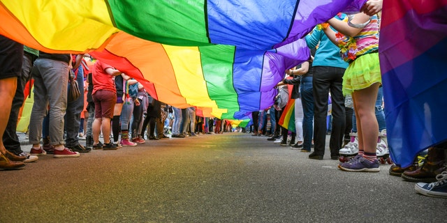 Under a LGBT Pride Flag, taken at Exeter Pride Parade, public event.