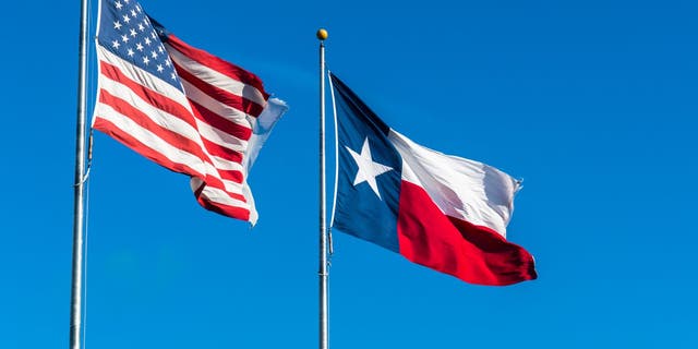 Two Flags waving in the wind on a perfect blue sky day American Flag and Texas Flag