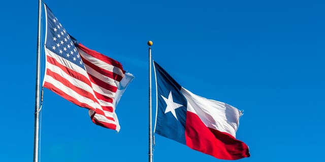 Two Flags waving in the wind on a perfect blue sky day American Flag and Texas Flag