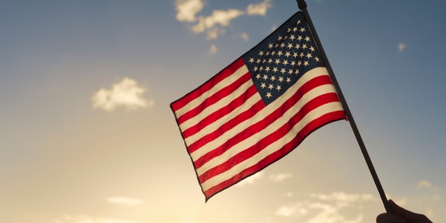 Person holding american flag.