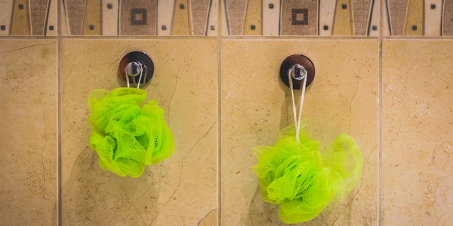 Two green bath sponges hanging from the bathroom wall. Bath accessories hanging from bathroom tiles.