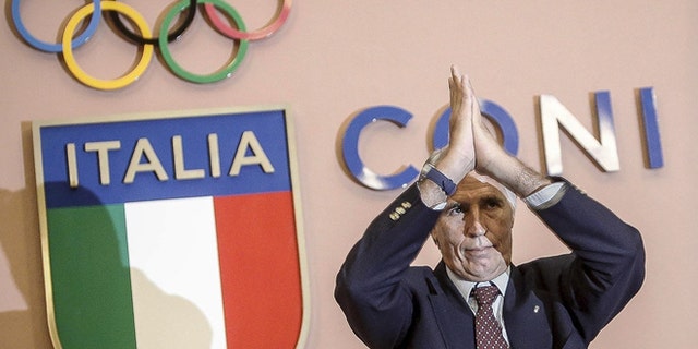 In this Wednesday, Sept. 21, 2016 file photo, CONI (Italian Olympic Committee) President Giovanni Malago' applauds during a press conference at the CONI headquarters in Rome.