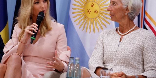 Managing Director of the IMF Christine Lagarde, right, listens as Ivanka Trump speaks during the Women's Entrepreneurship Finance event at the G20 Summit in Hamburg, Germany, Saturday, July 8, 2017. (AP Photo/Evan Vucci)