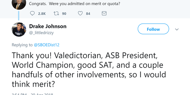 George Clayton asked if Drake Johnson got into Harvard based "on merit or quota." Johnson fired back at the former official, detailing his achievements in school.