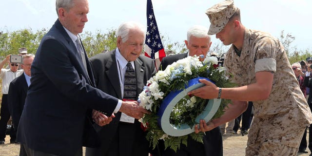 Mar. 21, 2015: U.S. veterans offer a wreath during a ceremony commemorating the 70th anniversary of the Battle of Iwo Jima on Iwo Jima, now known officially as Ioto, Japan. (AP)