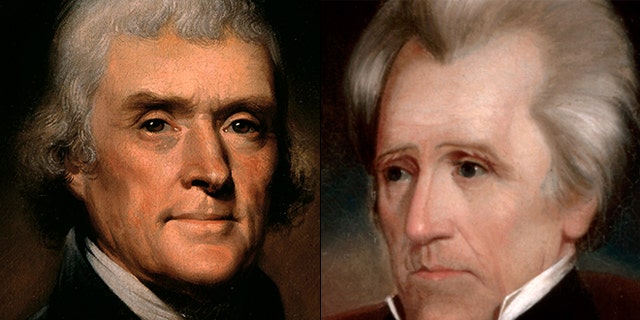 At left, portrait of President Thomas Jefferson; at right, portrait of President Andrew Jackson.