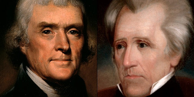 At left, portrait of President Thomas Jefferson; at right, portrait of President Andrew Jackson.