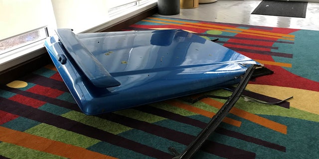 A piece of a truck flew through the glass windows of the Hilton Garden Inn in Onslow County, North Carolina.