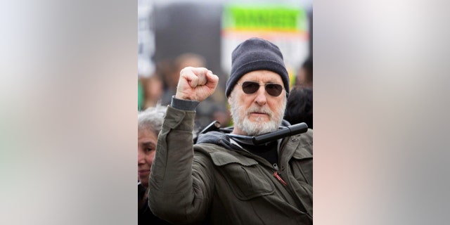 December 18, 2015. James Cromwell protests at a power plant that is under construction in Wawayanda, N.Y.