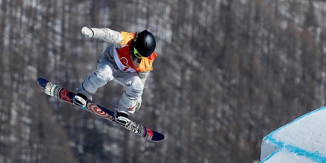 Jamie Anderson, of the United States, jumps during the women's slopestyle final at Phoenix Snow Park at the 2018 Winter Olympics in Pyeongchang, South Korea, Monday, Feb. 12, 2018.