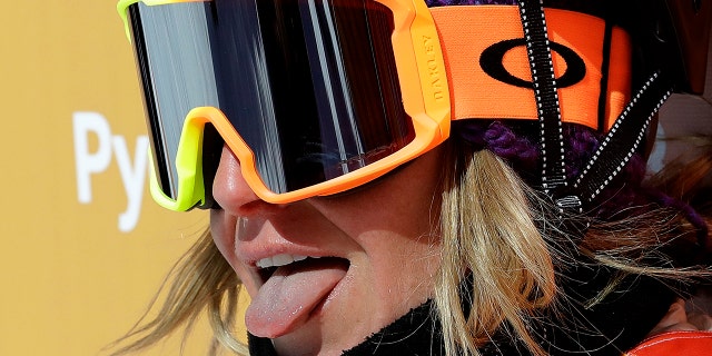 Jamie Anderson, of the United States, reacts to her score during the women's slopestyle final at Phoenix Snow Park at the 2018 Winter Olympics in Pyeongchang, South Korea, Monday, Feb. 12, 2018.