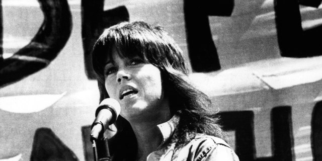 Jane Fonda speaking at an anti-war rally in San Francisco, 1972.