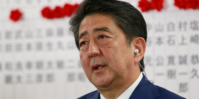 Liberal Democratic Party Prime Minister Shinzo Abe answers a reporter's question in a television interview held in Tokyo on October 22, 2017.