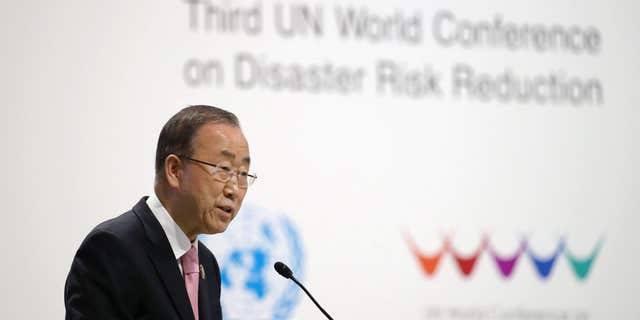 March 14, 2015: United Nations Secretary General Ban Ki-moon addresses the participants at the start of the U.N. World Conference on Disaster Risk Reduction in Sendai, northeastern Japan.