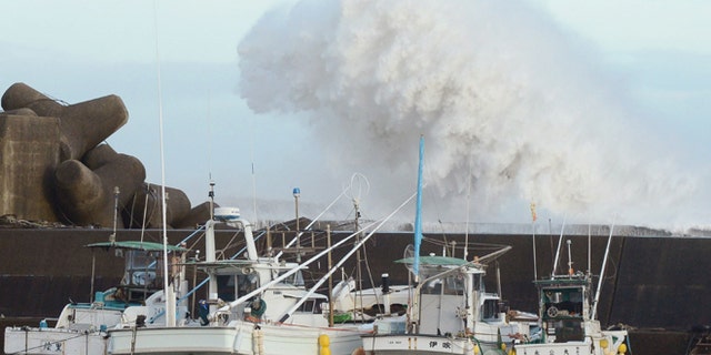 Sept. 30, 2012: High waves hit a breakwater in Kihocho, Mie prefecture, western Japan.
