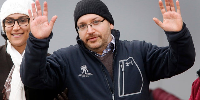 Journalist Jason Rezaian, next to his wife, Yeganeh Salehi, in front of Landstuhl Regional Medical Center in Landstuhl, Germany, in January 2016.