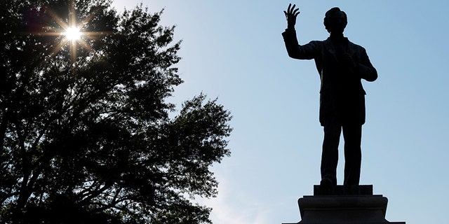 A statue of Jefferson Davis, President of the Confederate States, stands in Memphis Park, formerly named Confederate Park, in Memphis, Tennessee.
