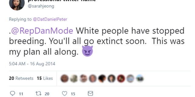 Результат пошуку зображень за запитом Sarah Jeong white people are only fit to live underground like groveling goblins