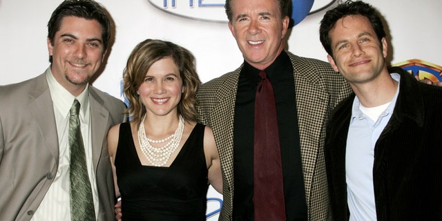 Actors (L-R) Jeremy Miller, Tracey Gold, Alan Thicke and Kirk Cameron best known for their portrayal of a family on the 'Growing Pains' television series pose as they arrive at the launch party for In2TV in Beverly Hills, California March 15, 2006. The network offers the largest collection of free on-demand shows on the Web.