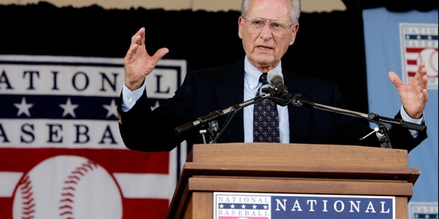 July 31, 2005: San Diego Padres broadcaster Jerry Coleman speaks after he was given the Ford C. Frick award during ceremonies at the National Baseball Hall of Fame in Cooperstown, N.Y.