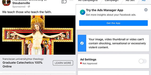 Facebook apologized for rejecting an ad on Good Friday from a Catholic university depicting Jesus on a cross.