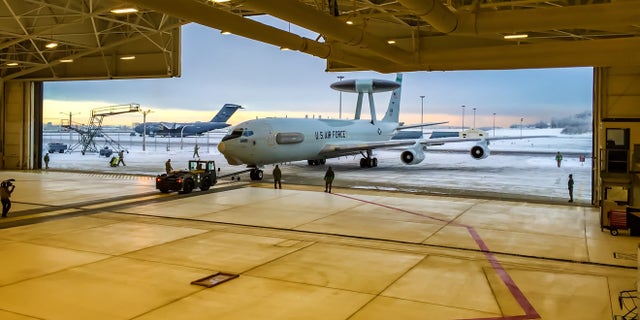 A US Air Force E-3 Sentry AWACS prepares for flight at Joint Base Elmendorf Richardson.