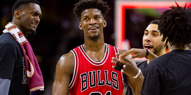 CLEVELAND, OH - FEBRUARY 25: Jimmy Butler #21 of the Chicago Bulls celebrates with teammates after the Bulls defeated the Cleveland Cavaliers at Quicken Loans Arena on February 25, 2017 in Cleveland, Ohio. The Bulls defeated the Cavaliers 117-99. NOTE TO USER: User expressly acknowledges and agrees that, by downloading and/or using this photograph, user is consenting to the terms and conditions of the Getty Images License Agreement. (Photo by Jason Miller/Getty Images)