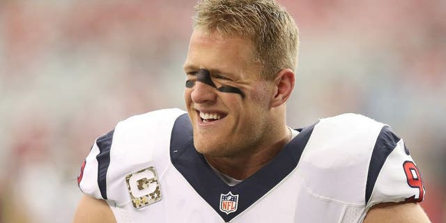 GLENDALE, AZ - NOVEMBER 10: Defensive end J.J. Watt #99 of the Houston Texans laughs during warmups for the game with the Arizona Cardinals at University of Phoenix Stadium on November 10, 2013 in Glendale, Arizona. (Photo by Stephen Dunn/Getty Images)