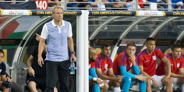 Jun 3, 2016; Santa Clara, CA, USA; United States head coach Jurgen Klinsmann (C) stands on the sideline against Colombia in the second half during the group play stage of the 2016 Copa America Centenario at Levi's Stadium. Colombia won 2-0. Mandatory Credit: Kelley L Cox-USA TODAY Sports