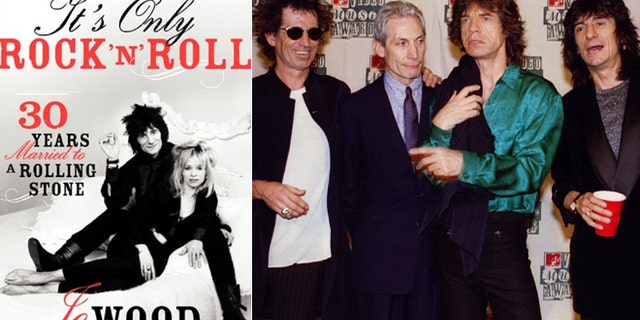 Jo Wood's book cover is seen, left, with the Rolling Stones, right.