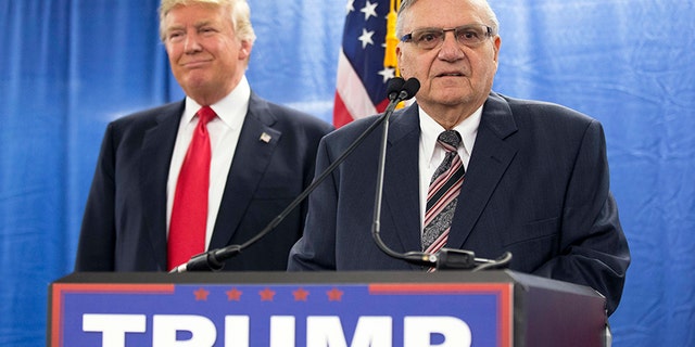 At left, then-candidate Donald Trump in Marshalltown, Iowa on January 26, 2016; at right, former Maricopa County Sheriff Joe Arpaio.
