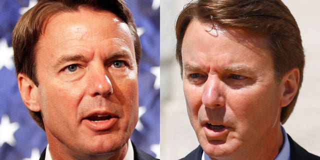 On the left, John Edwards campaigns in 2007. On the right, John Edwards speaks outside a courtroom in 2012.