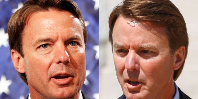 On the left, John Edwards campaigns in 2007. On the right, John Edwards speaks outside a courtroom in 2012.