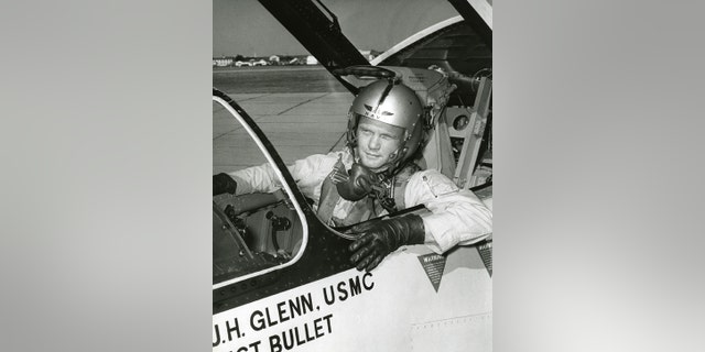 John Glenn in the cockpit the F8U-1P Crusader aircraft. The Marine Corps officer served in both World War II and Korea and later became one of America's top test pilots. 