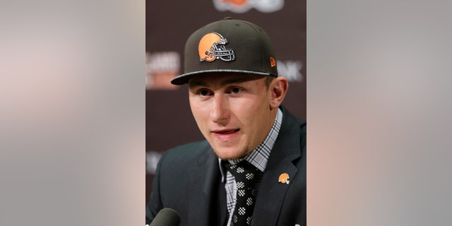 May 9, 2014: Cleveland Browns quarterback Johnny Manziel, from Texas A&amp;M, answers questions at his introductory news conference at the NFL football team's facility in Berea, Ohio. (AP)