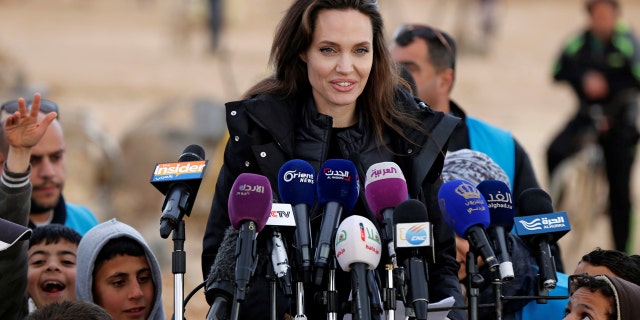 Actress Angelina Jolie speaks during a news conference at the Al Zaatri refugee camp, in the Jordanian city of Mafraq, near the border with Syria, January 28, 2018.