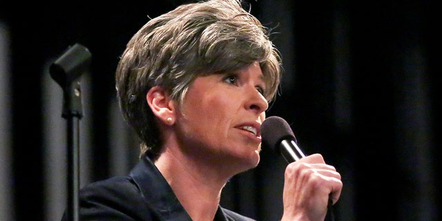 In a Monday, April 10, 2017 photo, U.S. Sen. Joni Ernst, R-Iowa, speaks during a town hall meeting at Central Community School auditorium in Elkader, Iowa. (Nicki Kohl/Telegraph Herald via AP)