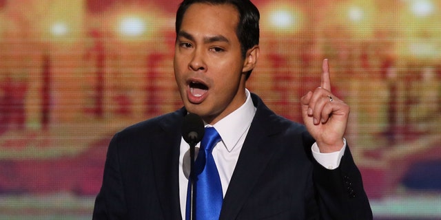 CHARLOTTE, NC - SEPTEMBER 04: San Antonio Mayor Julian Castro gives the keynote address on stage during day one of the Democratic National Convention at Time Warner Cable Arena on September 4, 2012 in Charlotte, North Carolina.