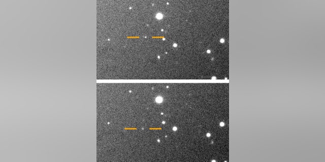 Image taken in May 2018 with Carnegie's 6.5-meter Magellan telescope at the Las Campanas Observatory in Chile. Lines point to Valetudo, the newly discovered "oddball" moon.