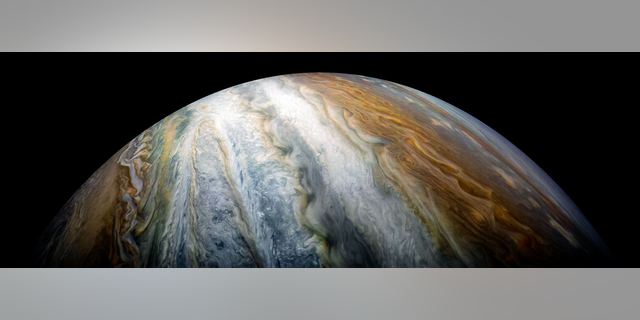 The colorful cloud belts of Jupiter's southern hemisphere dominate this stunning photo from NASA's Juno spacecraft in orbit around the gas giant released on Jan. 12, 2018. Juno captured the image on Dec. 16, 2017. It was processed by citizen scientist Kevin M. Gill.