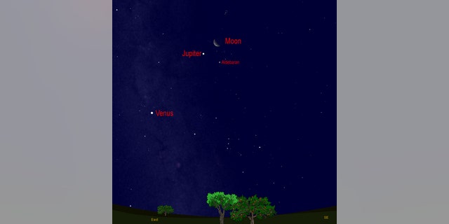 This sky map shows how Jupiter, the moon and Venus will shine before dawn on Aug. 11, 2012.
