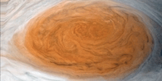 A wind-movement model animates a mosaic image of Jupiter's Great Red Spot made from JunoCam images. (NASA/JPL-Caltech/SwRI/MSSS/Gerald Eichstadt/Justin Cowart)