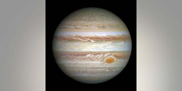 Jupiter, with its Great Red Spot churning south of the gas giant's equator.