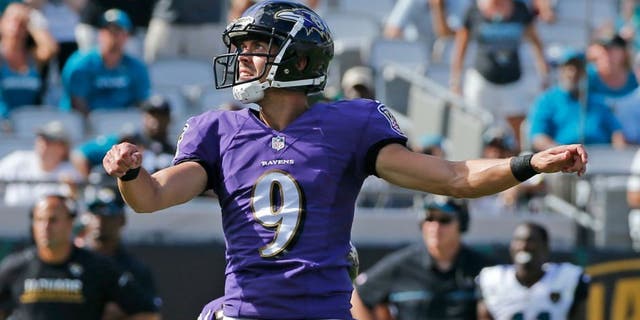 JACKSONVILLE, FL - SEPTEMBER 25: Justin Tucker #9 of the Baltimore Ravens looks up after kicking the winning field goal in the fourth quarter against the Jacksonville Jaguars during an NFL game on September 25, 2016 at EverBank Field in Jacksonville, Florida. The Ravens defeated the Jaguars 19-17. (Photo by Joel Auerbach/Getty Images) *** Local Caption *** Justin Tucker