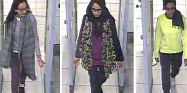 Monday Feb. 23, 2015 file handout image of a three image combo of stills taken from CCTV issued by the Metropolitan Police Kadiza Sultana, left, Shamima Begum, centre and and Amira Abase going through security at Gatwick airport, before they caught their flight to Turkey. (Metropolitan Police via AP)