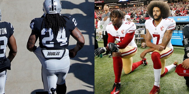 A bar in Missouri is taking heat for using the jerseys of Lynch (24) and Kaepernick (7) as doormats