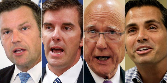 In this combination of Sept. 2014 photos are: Republican Kansas Secretary of State Kris Kobach, left; Chad Taylor, center left, the Democratic nominee for the U.S. Senate; Republican Sen. Pat Roberts, center right, and Independent Senate candidate Greg Orman, right. (AP)