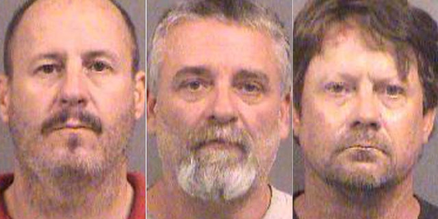 Oct. 14, 2016: These booking photos show, from left, Curtis Allen, Gavin Wright, and Patrick Eurgene Stein. All three men have been charged with plotting to bomb an apartment building filled with Somali immigrants in Garden City, Kan.
