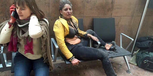 Two wounded women at the Brussels airport Tuesday.
